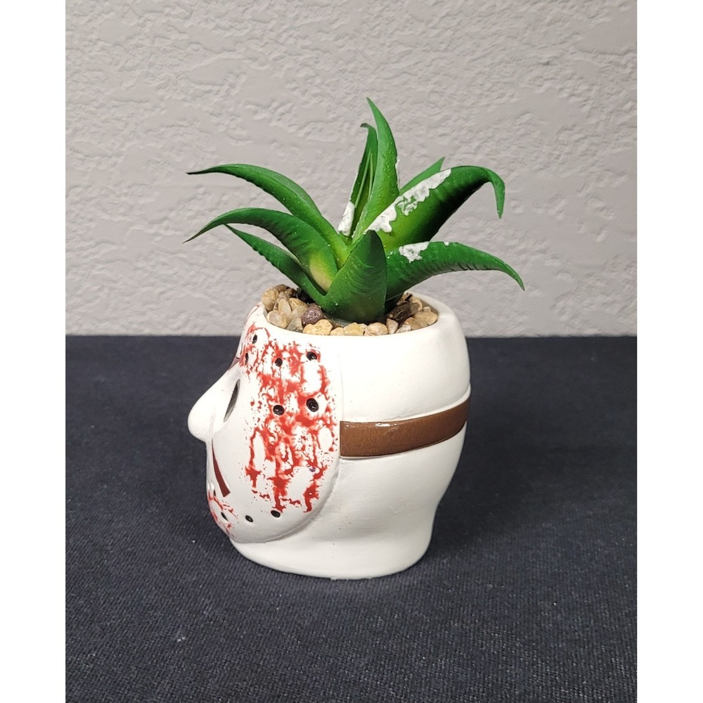 Silver Buffalo Friday the 13th Jason Mask Mini Planter Ceramic Faux Succulent - Picture 2 of 6